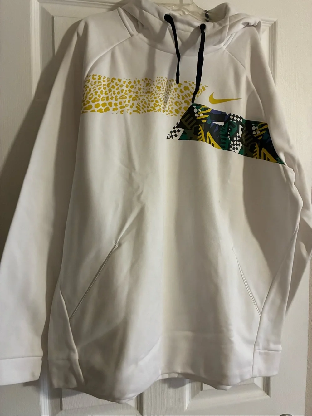 Nike White Hoodie with Yellow Swoosh and Green Graphic Panel